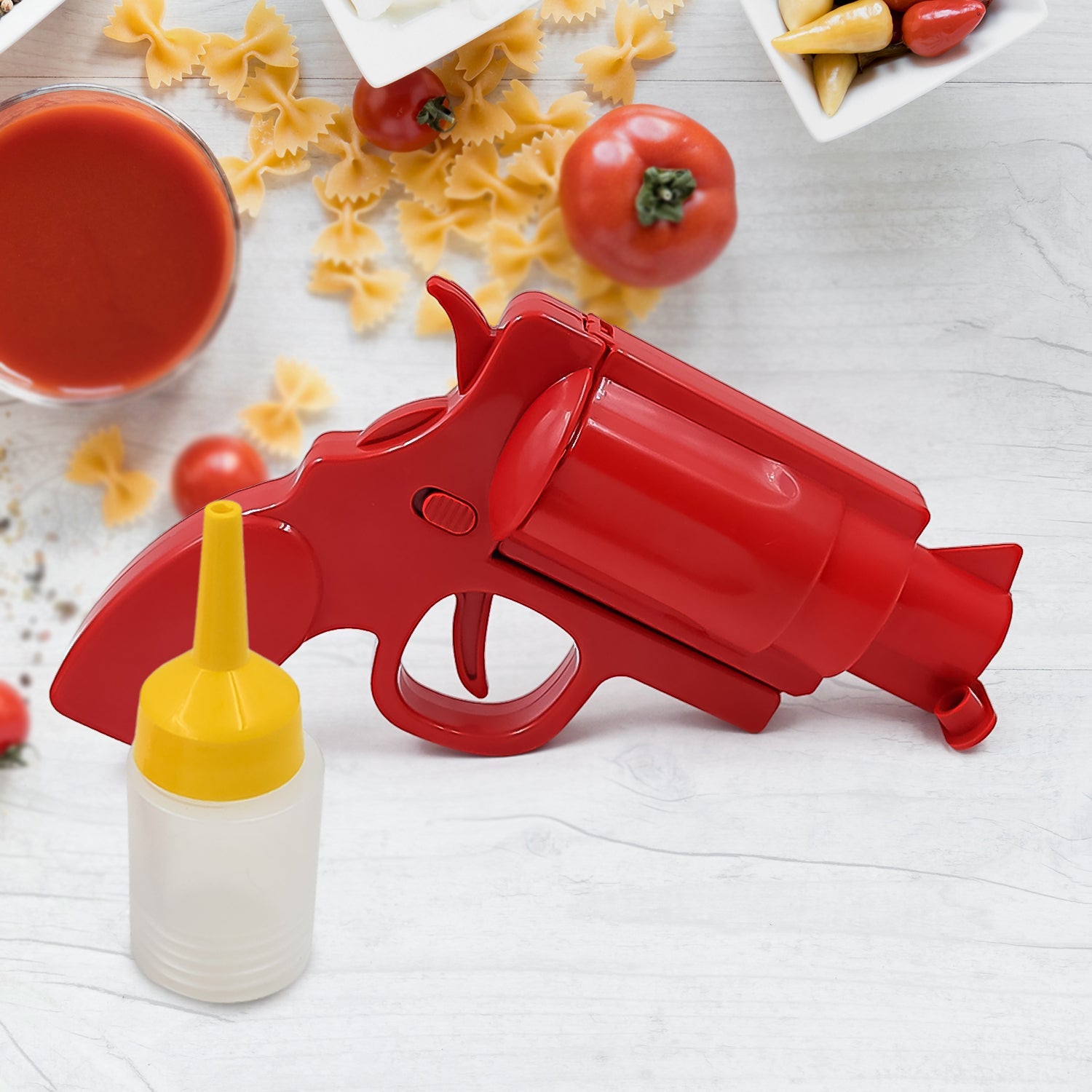 Red ketchup dispenser gun bottle for kitchen sauces