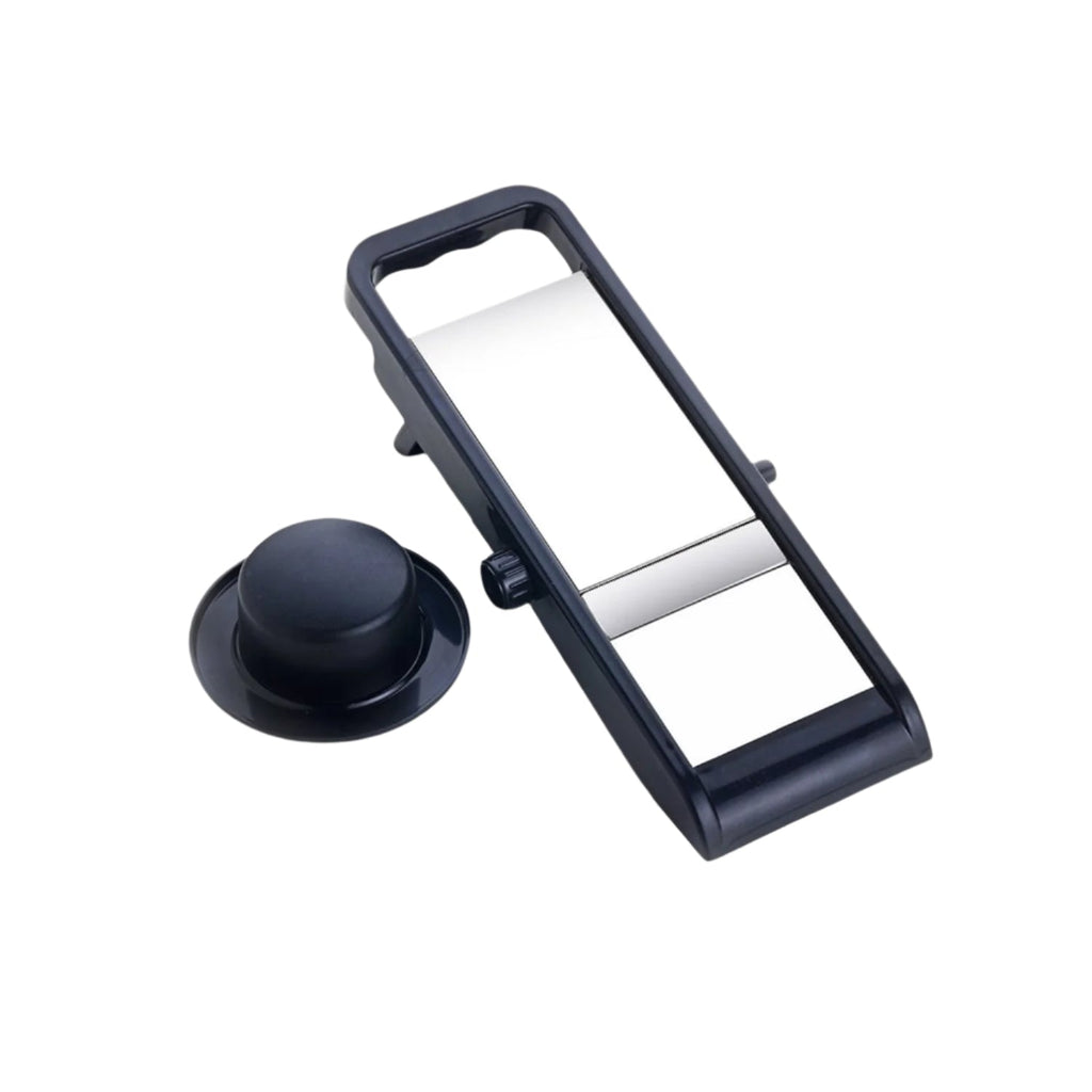 Full product view of the Konvex adjustable vegetable slicer in white and black.