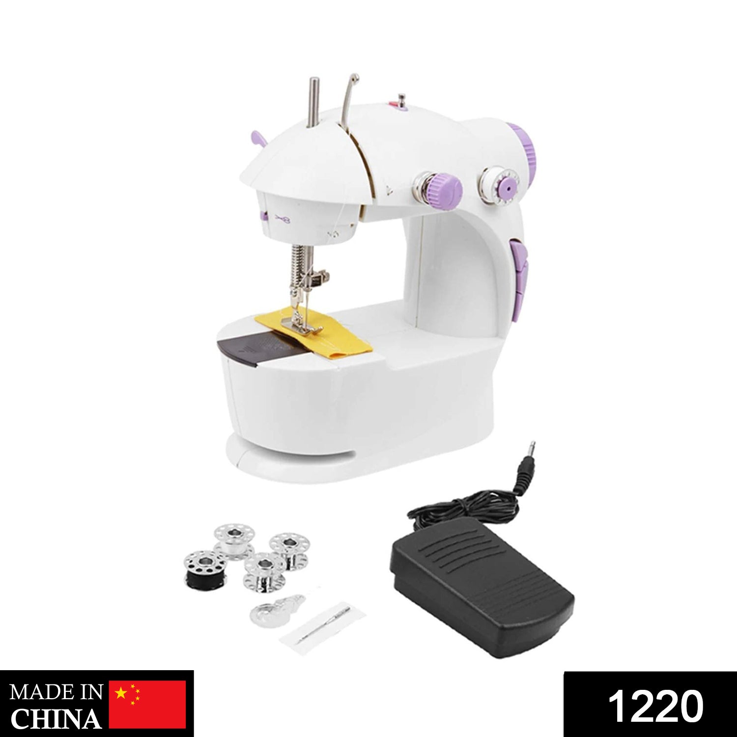 Handheld mini sewing machine demonstrating its small size and portability.