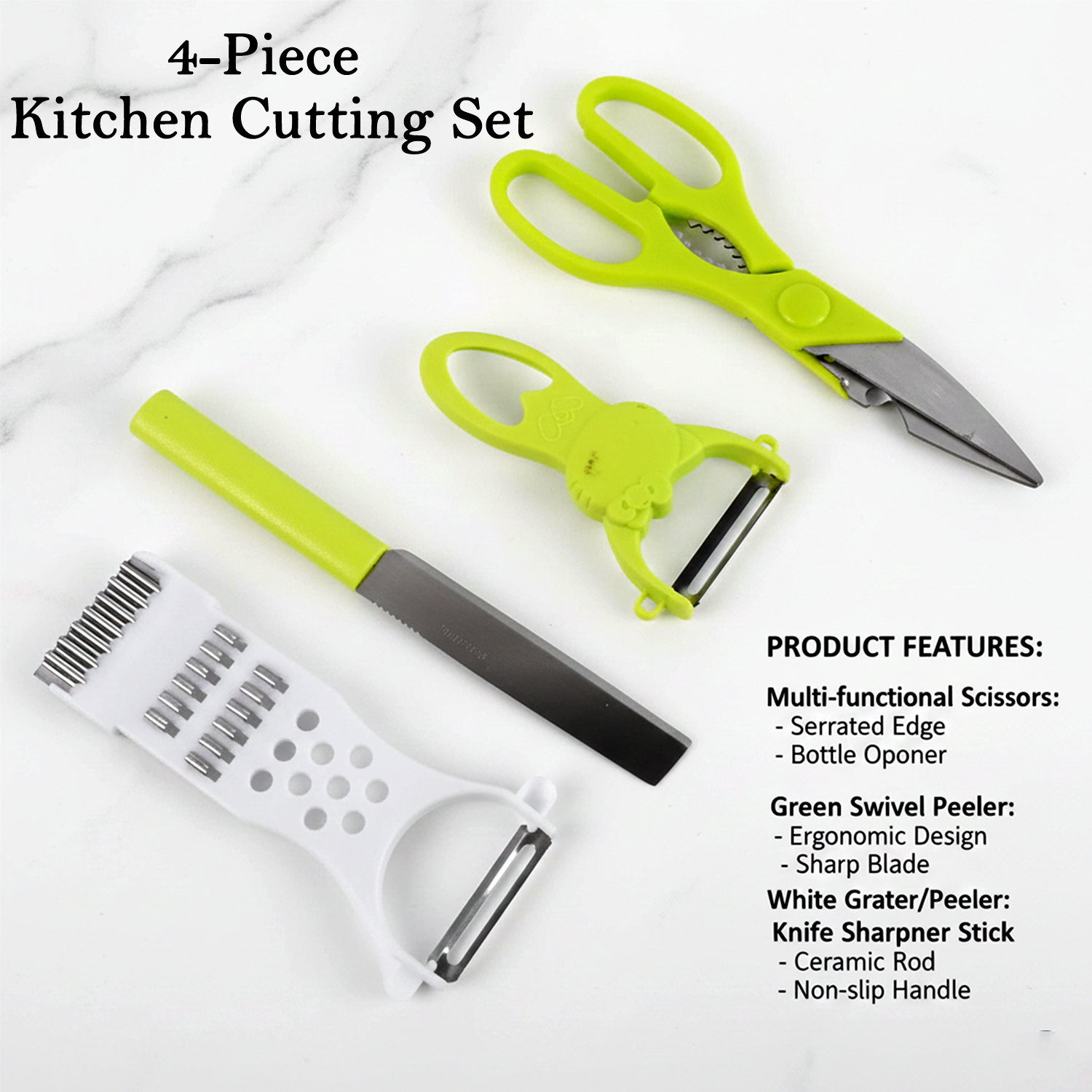 Complete 4-piece kitchen cutting tools set neatly arranged
