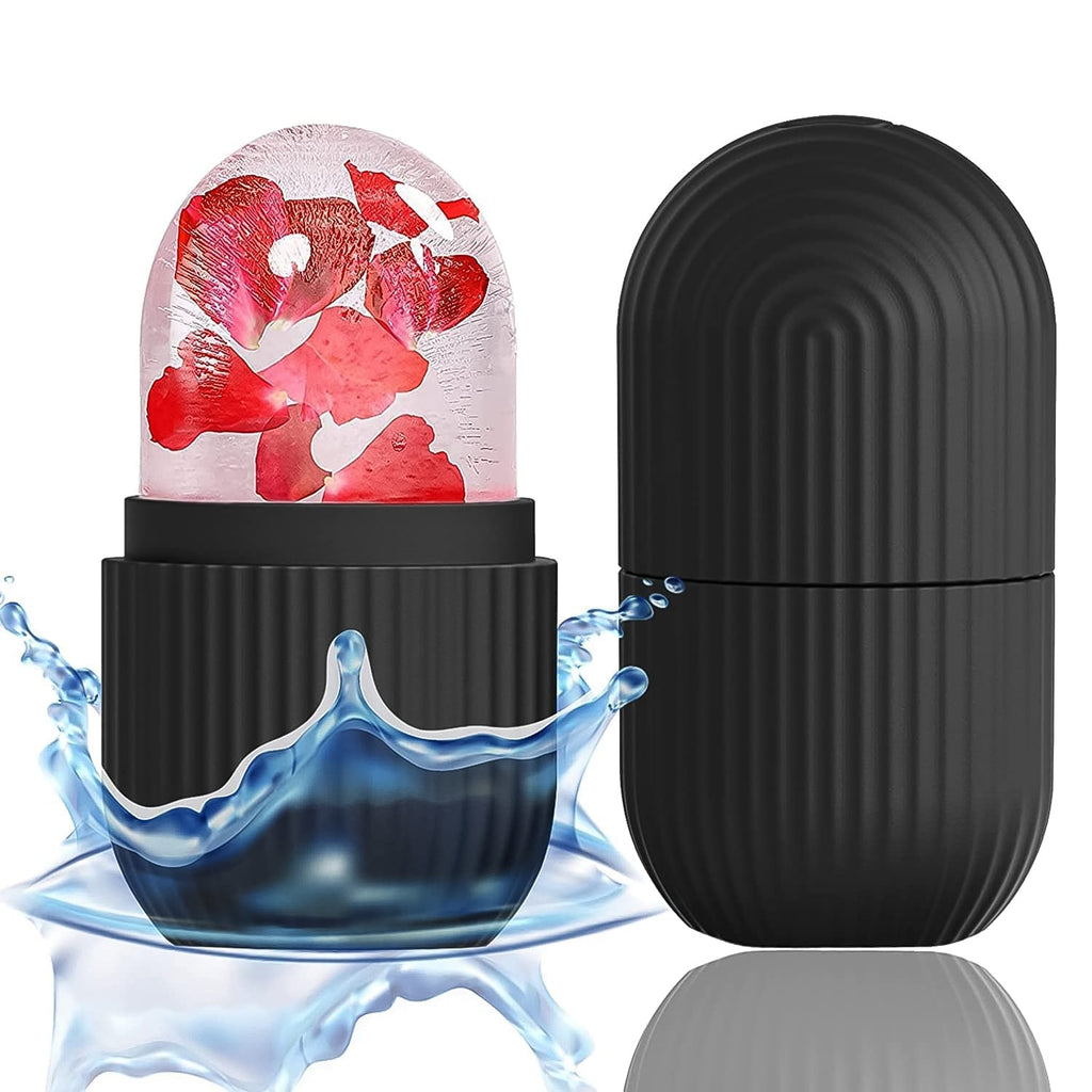 Black silicone face ice roller in its retail packaging.