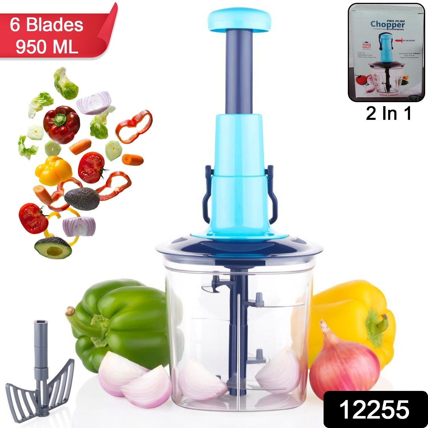 Manual hand-press food and fruit chopper with push mechanism for quick prep