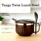 Front view of Home Chef insulated lunch bowl 650ml with packaging and handle.