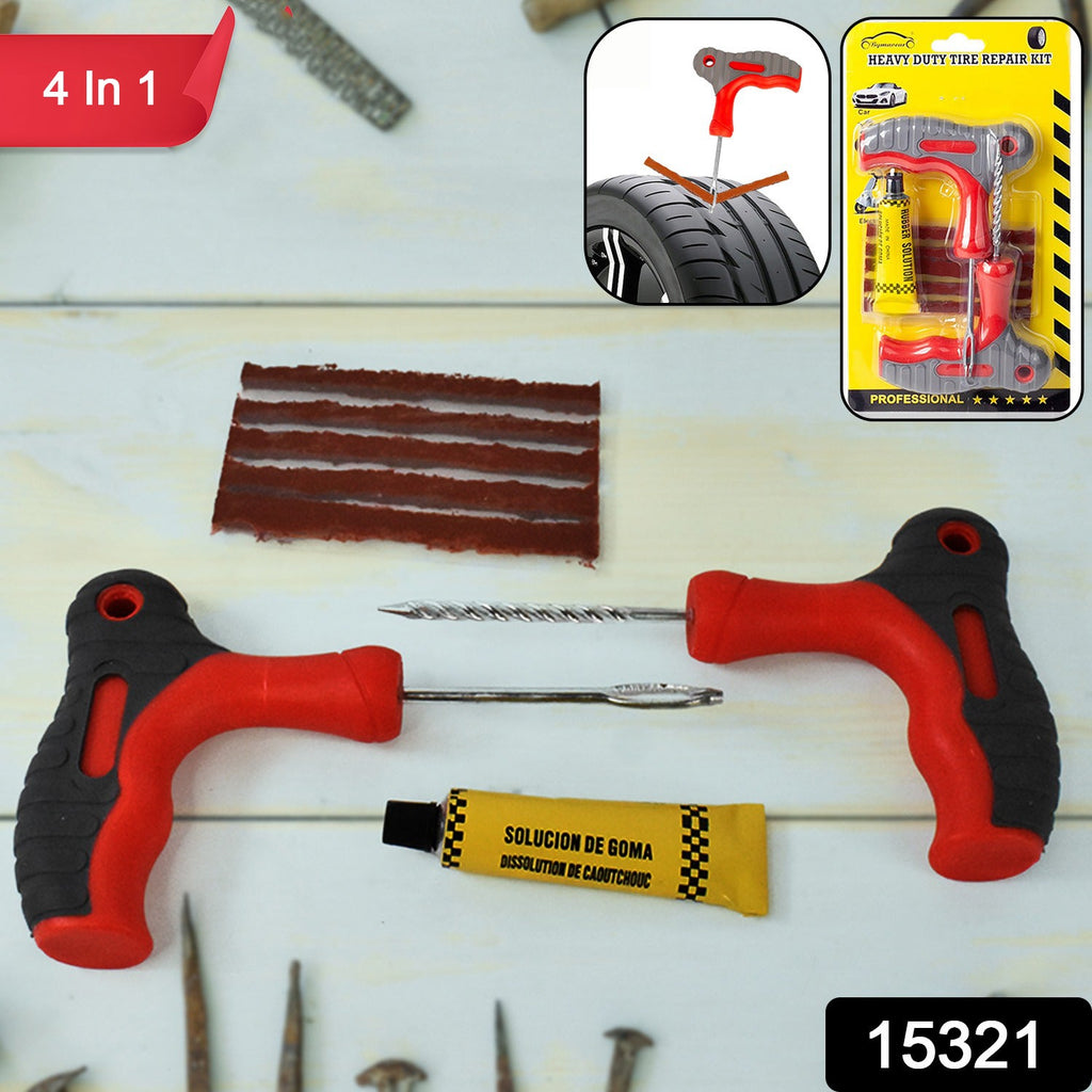 Close-up of puncture repair strips and patch tools in tubeless tyre kit