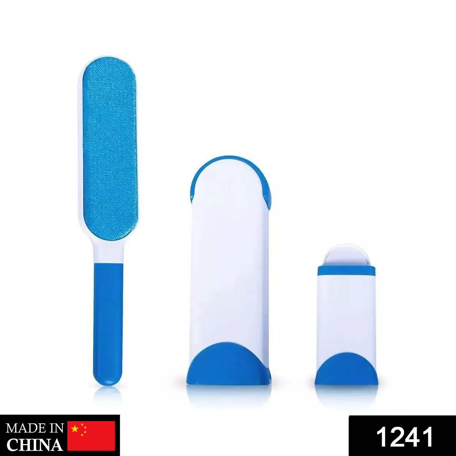Double-sided pet hair remover brush displayed with its ergonomic handle and cleaning base.