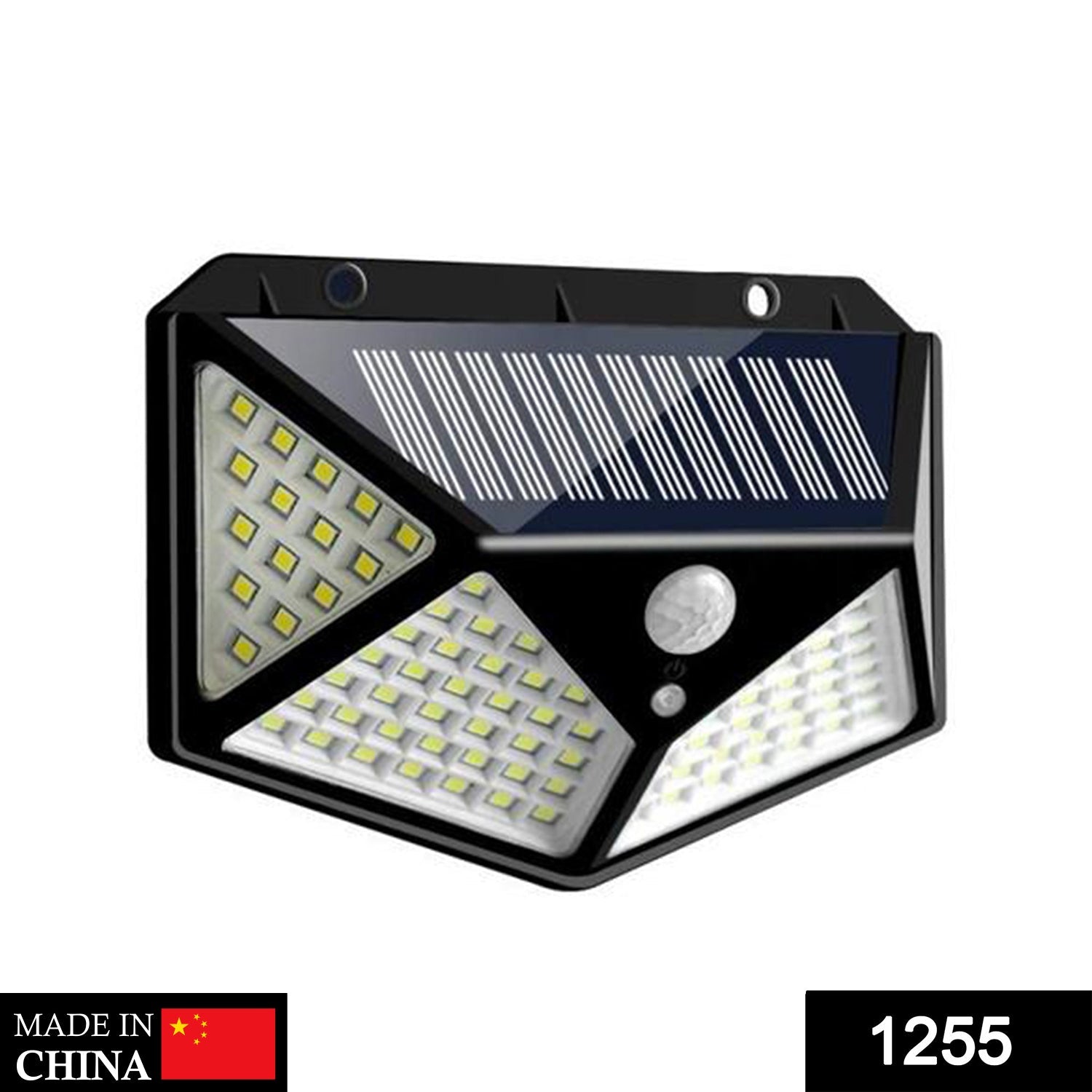 Close-up of a Solar Garden Light with 100 LEDs and motion sensor.
