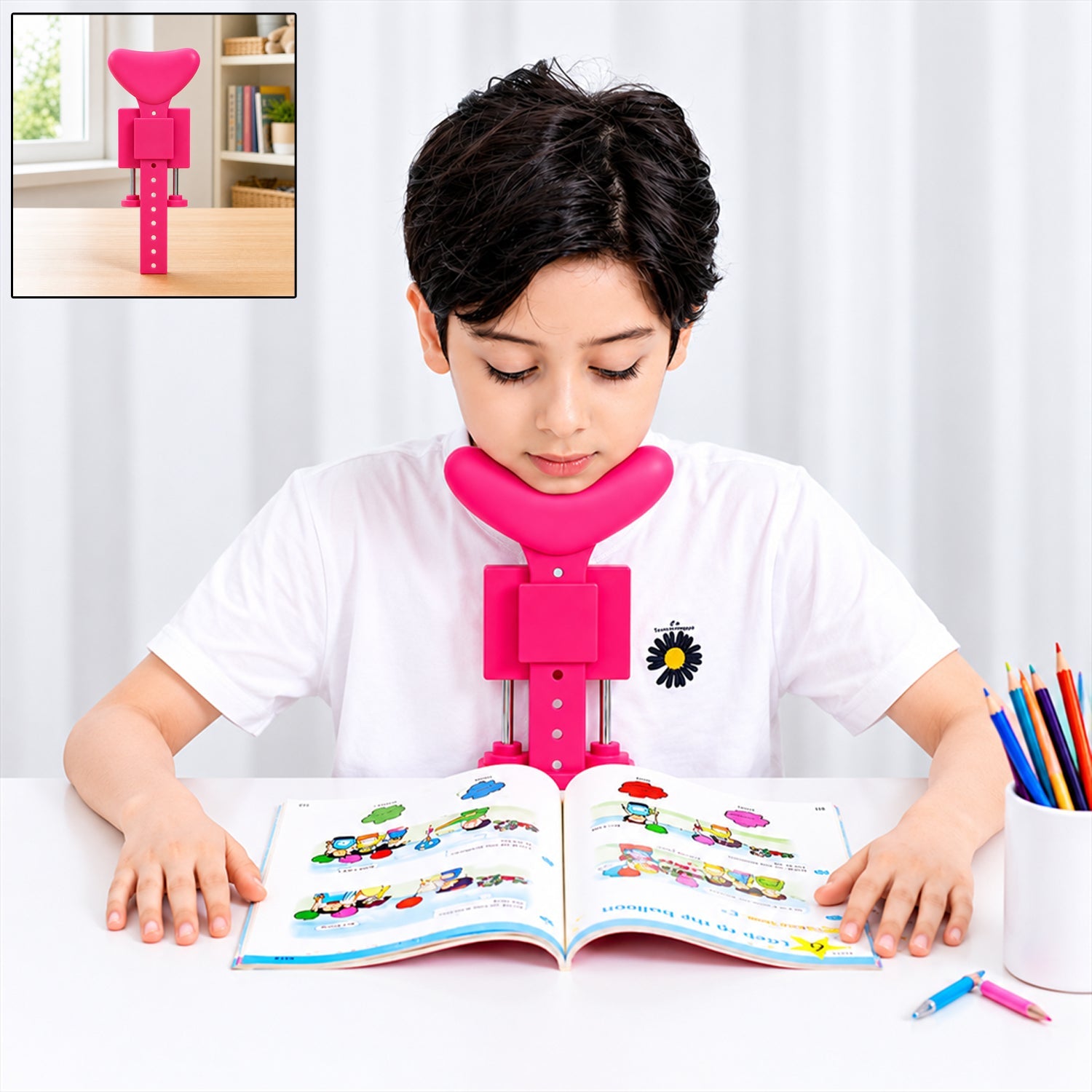 Adjustable kids posture corrector clamped onto a study desk, ready for use.