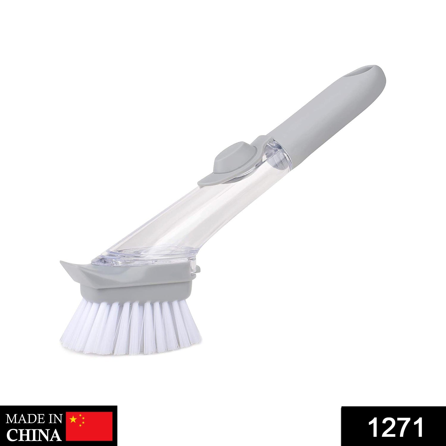 Ergonomic dish scrubber featuring a built-in liquid soap dispenser.
