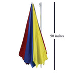 The blue and white garden umbrella folded, demonstrating its compact size for easy storage and transport.