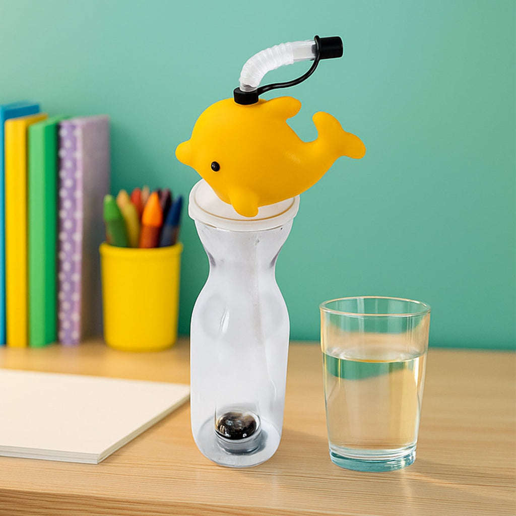 A group of colorful animal shape sipper bottles, featuring a unicorn, shark, and dolphin, ideal for kids' return gifts.
