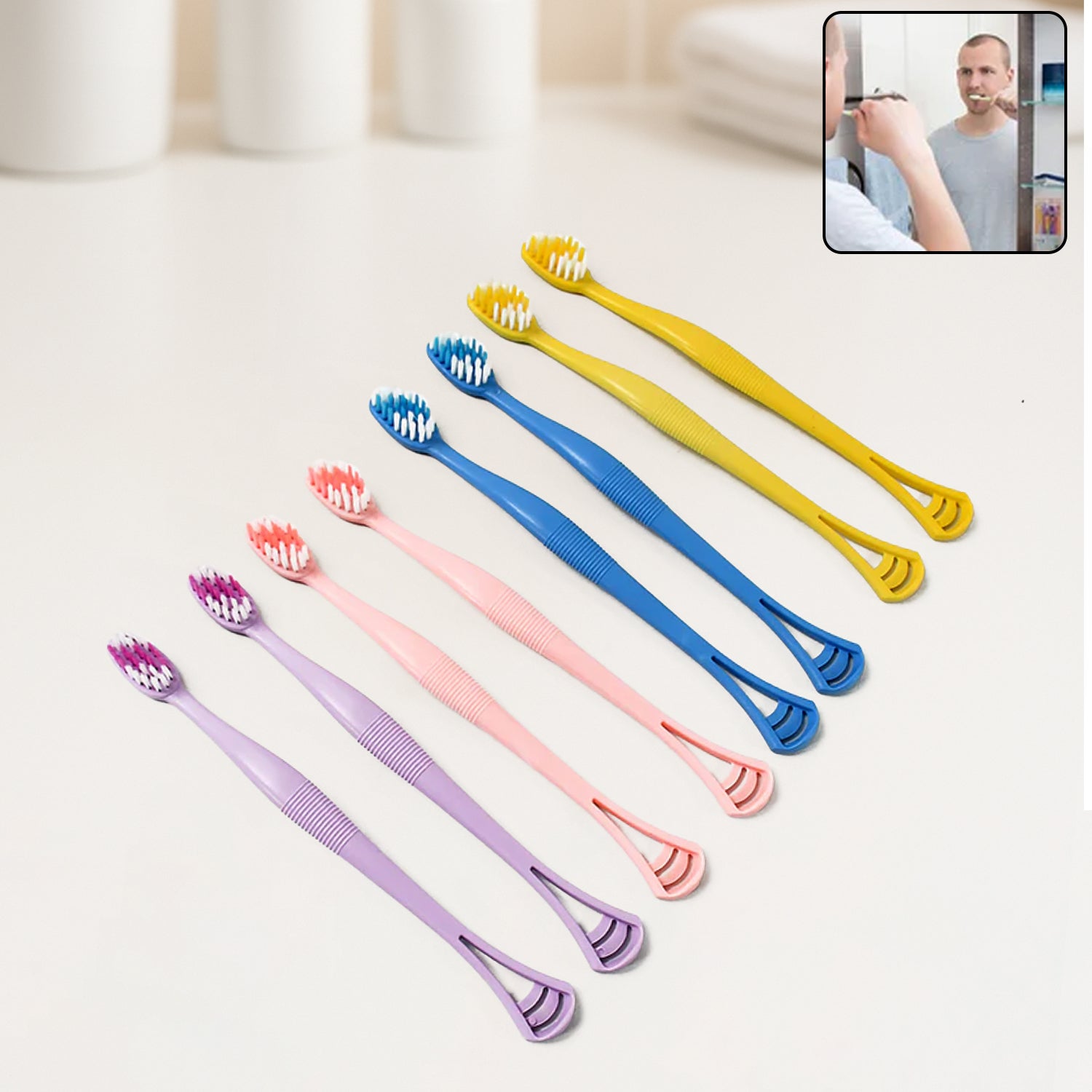2-in-1 Toothbrush Tongue Scraper set with soft bristles and ergonomic handle.