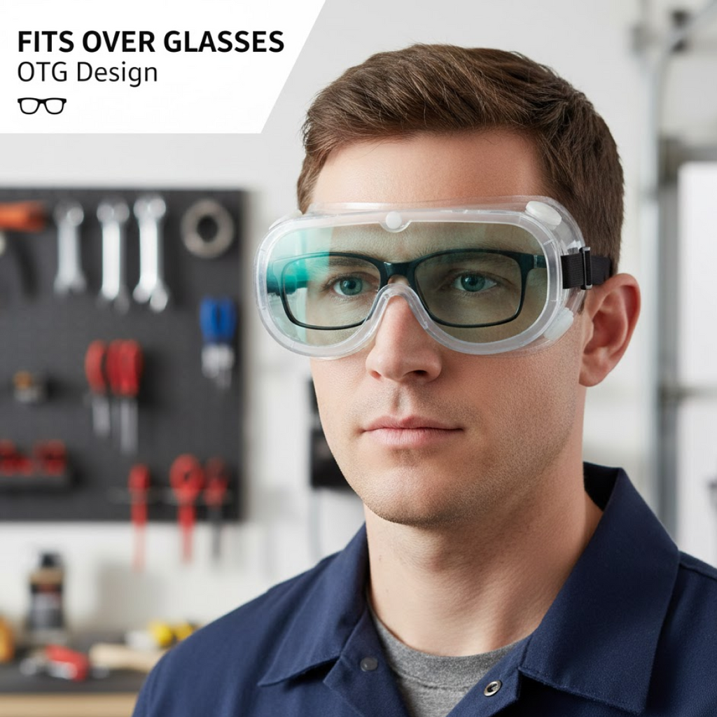 Detailed view of Eye Safety Goggles, emphasizing splash and particle protection.