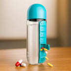 Multi-functional Pill Organizer Water Bottle 600ml with colorful lid and seven compartments.