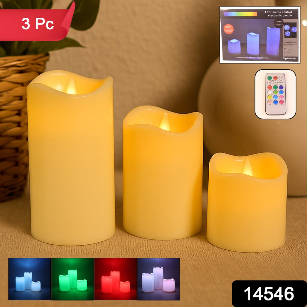 Decorative set of 3 LED flameless candles with remote, multicolor lighting options