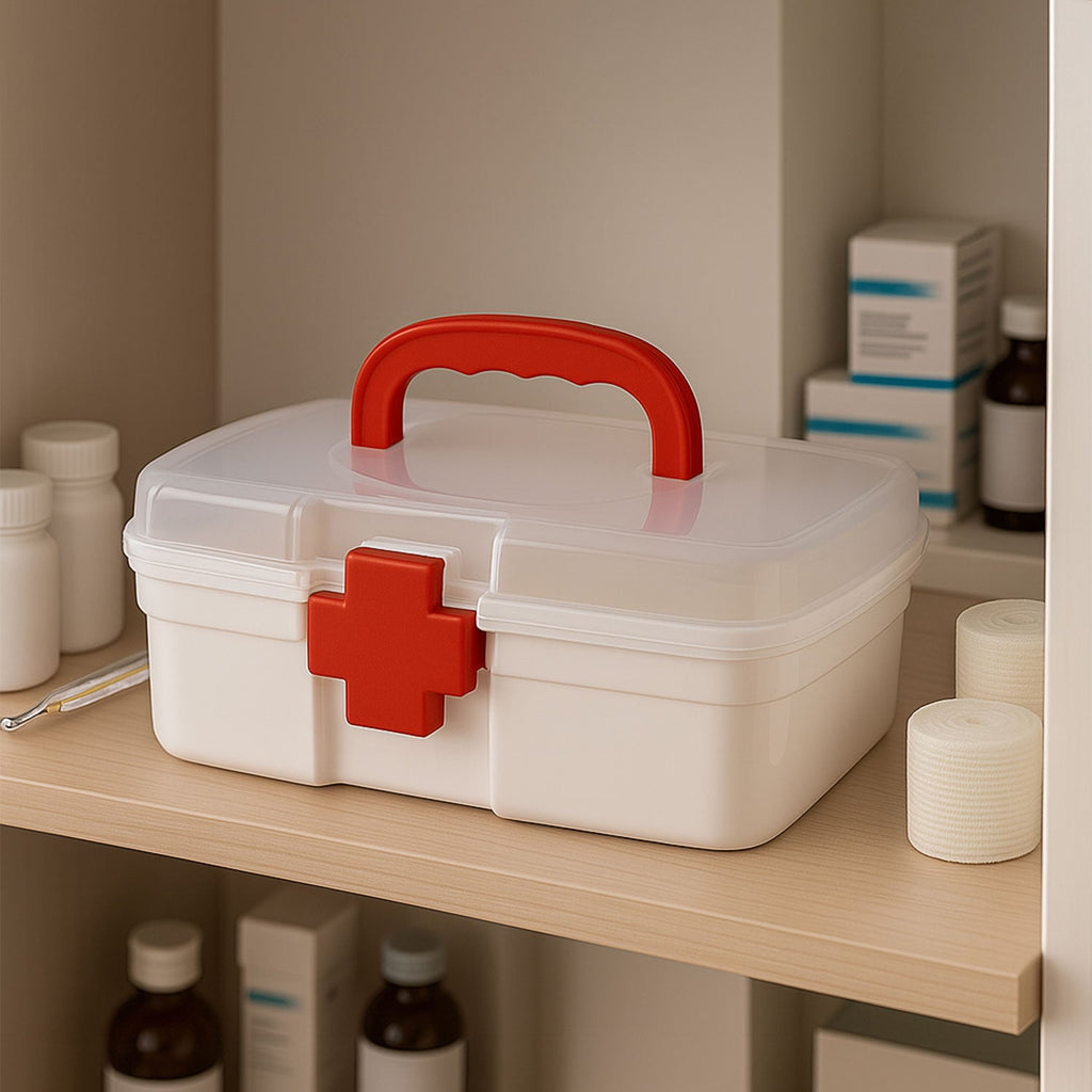 Organivo 3-compartment First Aid Box in white with its retail packaging.