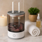 Automatic Makeup Brush Cleaner with multiple brush collars on display.