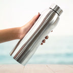 Stainless steel bottle filled with ice cubes demonstrating insulation