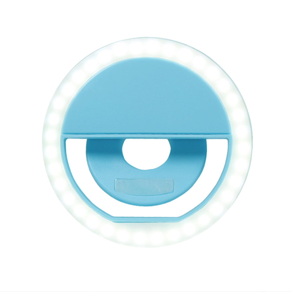 Portable selfie ring light demonstrating multiple brightness and color modes.