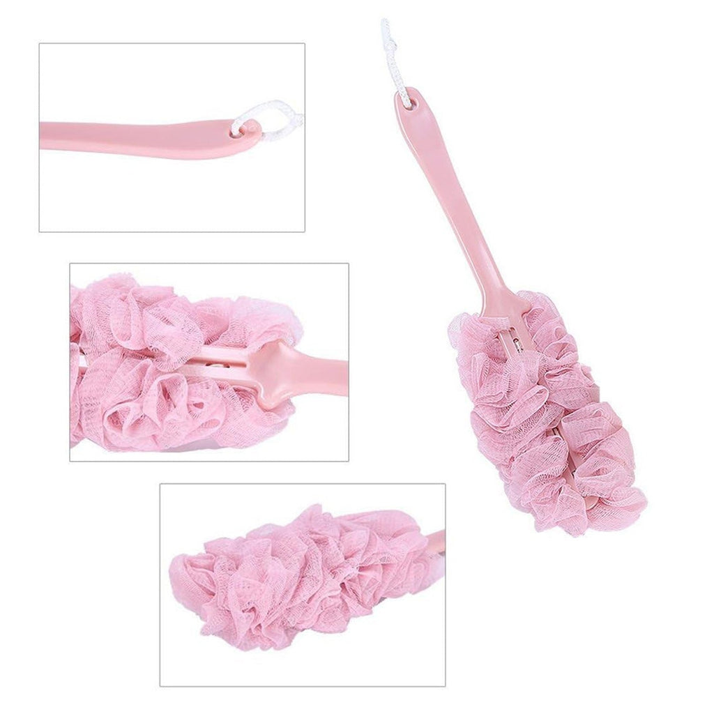 Dense nylon mesh shower brush with a sturdy long handle for deep cleansing.
