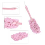 Dense nylon mesh shower brush with a sturdy long handle for deep cleansing.