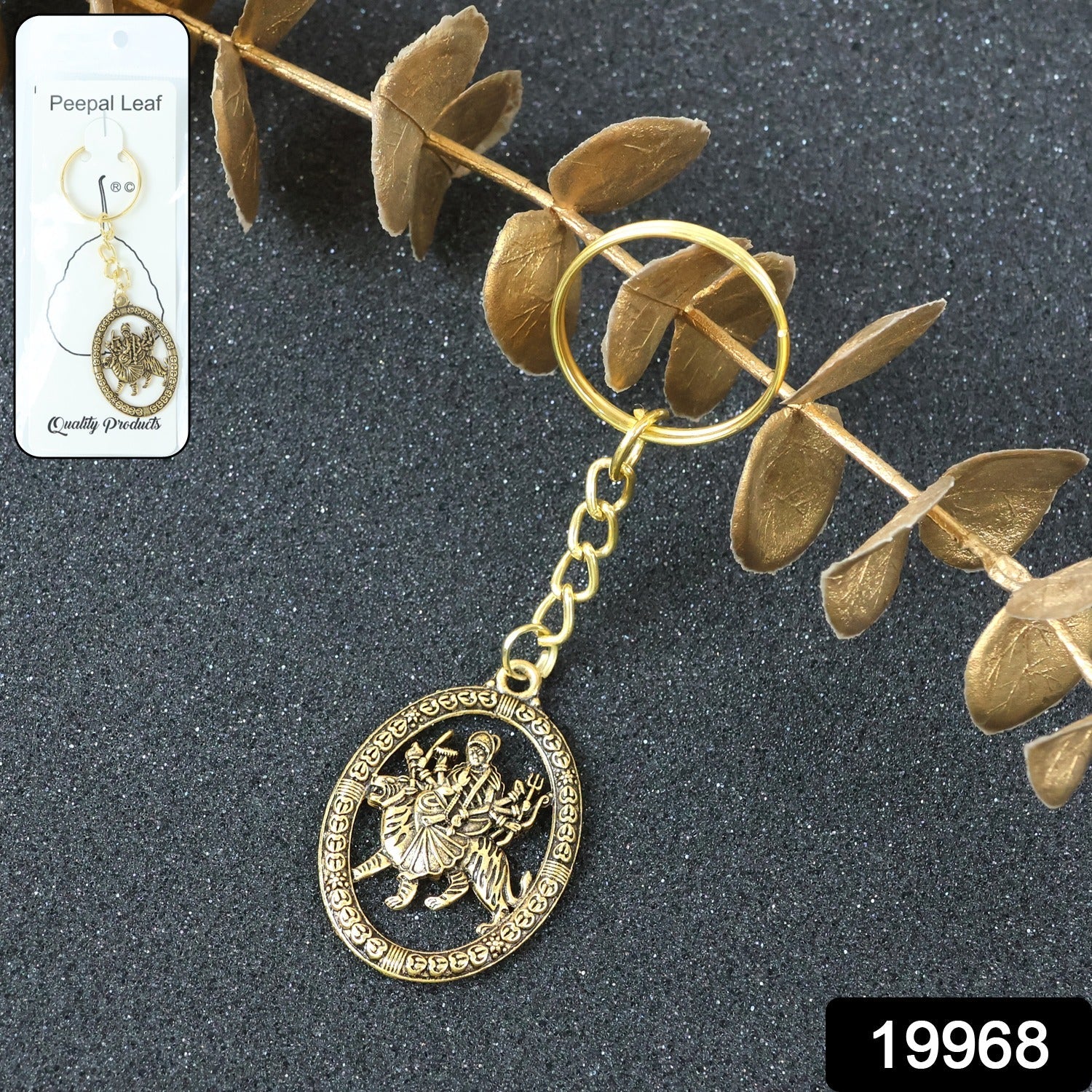 Maa Durga keychain attached to a key ring demonstrating decorative spiritual charm