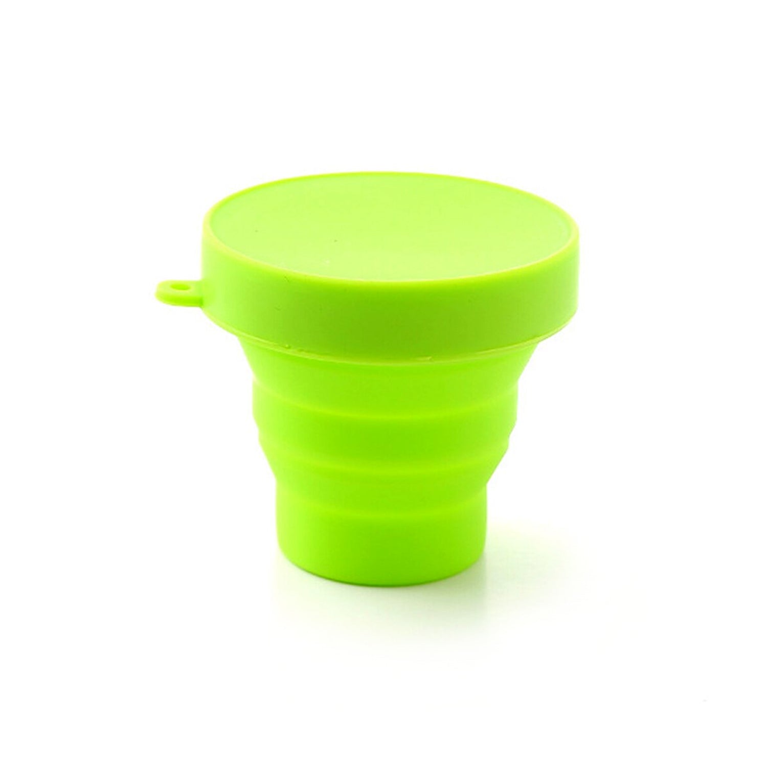 Expanded foldable silicone travel mug, ready for use with a beverage.