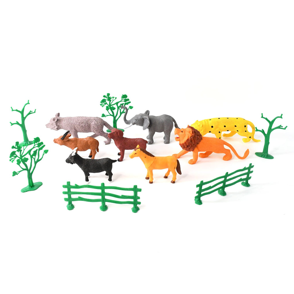 All 14 pieces of Animal Kingdom toy set including animals, trees, and fences