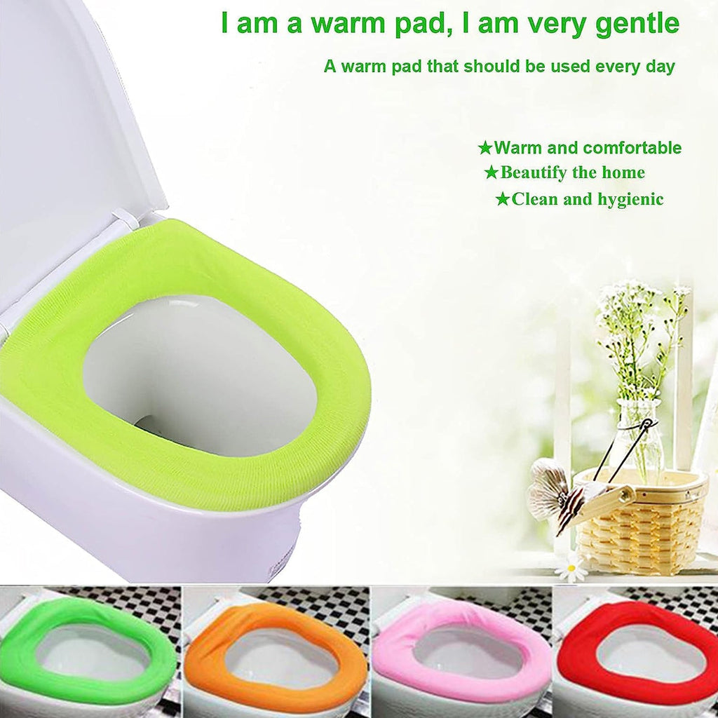 Hand demonstrating the stretchability of the cloth toilet seat cover for universal fit.