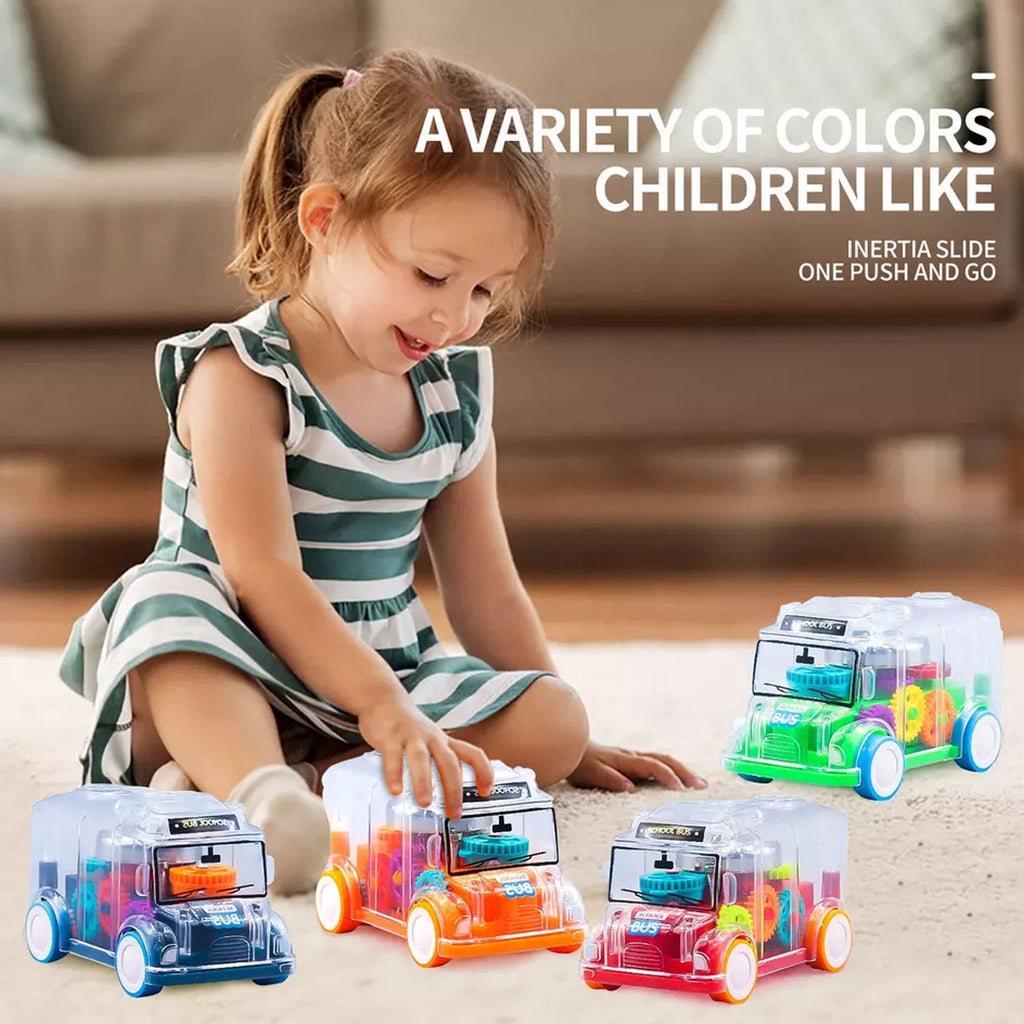 Two children playing happily with the transparent musical school bus toy.