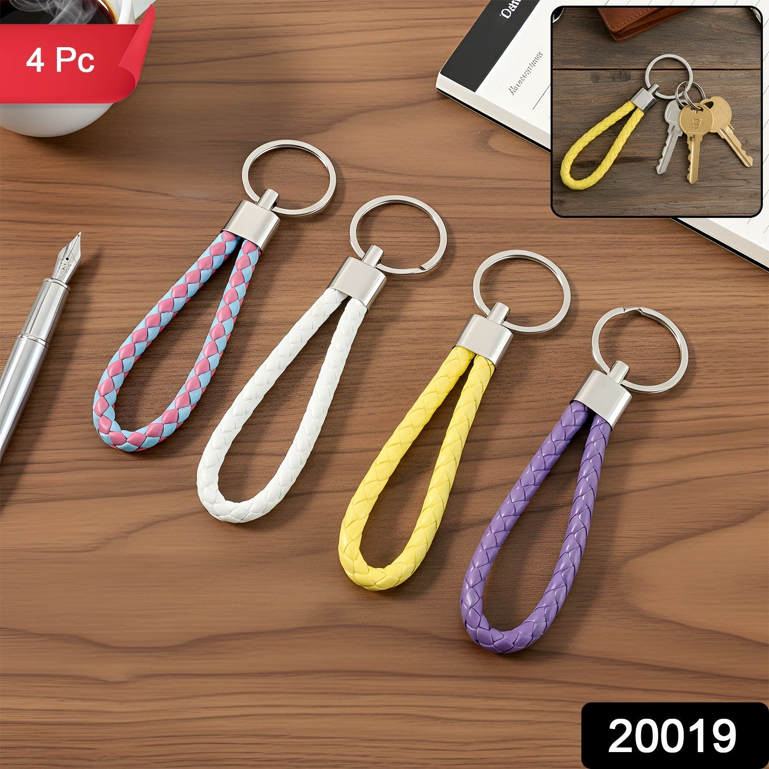 Combination of metal rings and braided loop keychains in a set of four