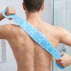 Man scrubbing back with silicone back scrubber belt in shower
