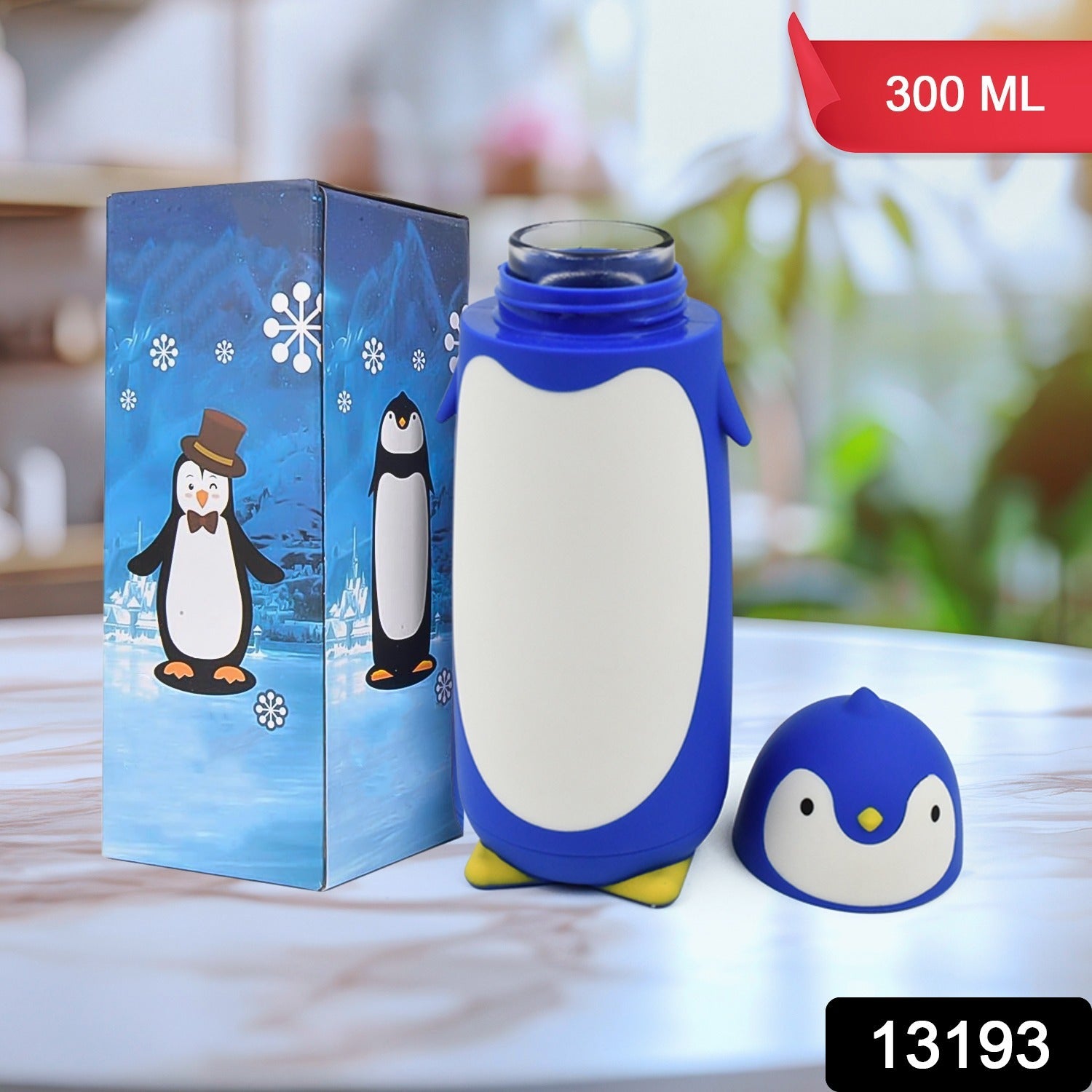 Insulated penguin water bottle open cap showing wide mouth for easy filling