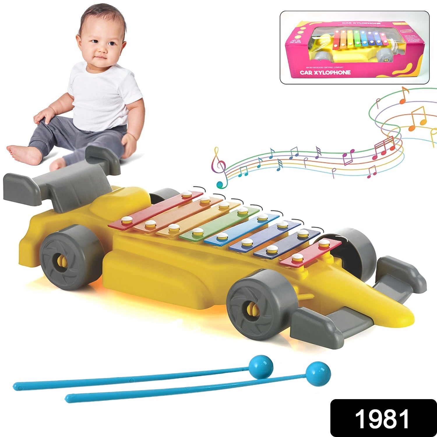 Happy child playing with the colorful car-shaped Kids Musical Car Xylophone.