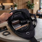 The spacious interior of the waterproof sling bag revealing multiple compartments for organization.