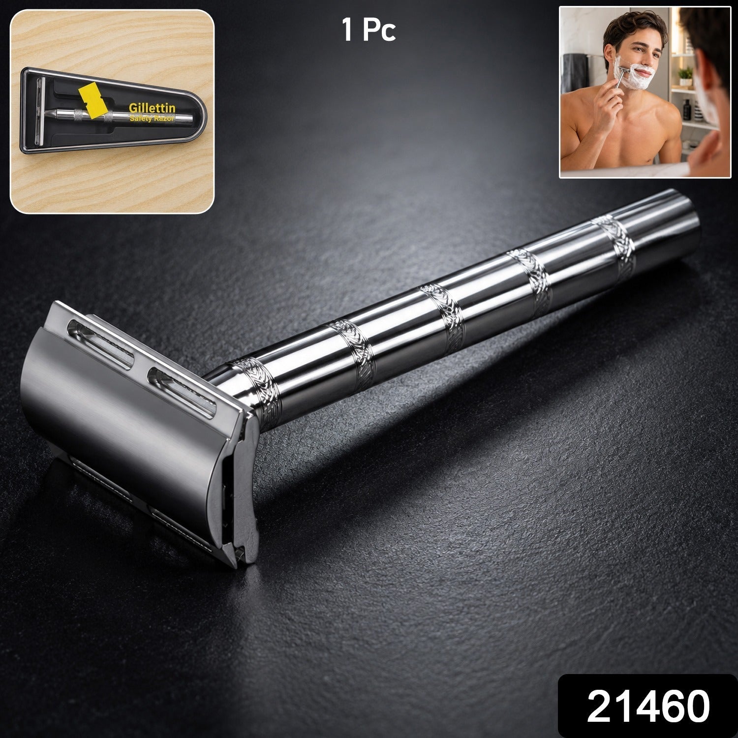 Manual safety razor with protective case and stainless steel head