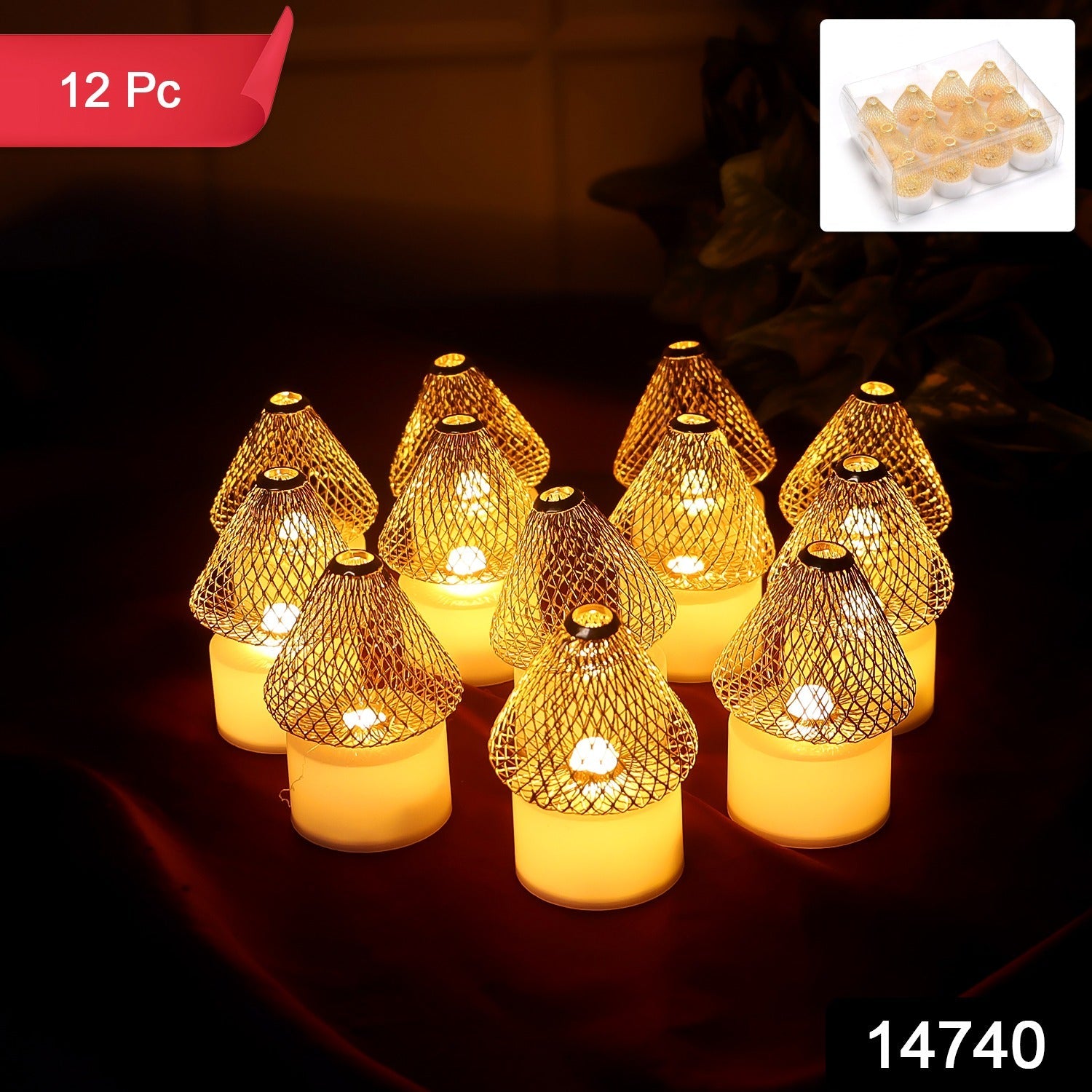 Decorative LED candle lights with warm flickering glow and golden mesh covers
