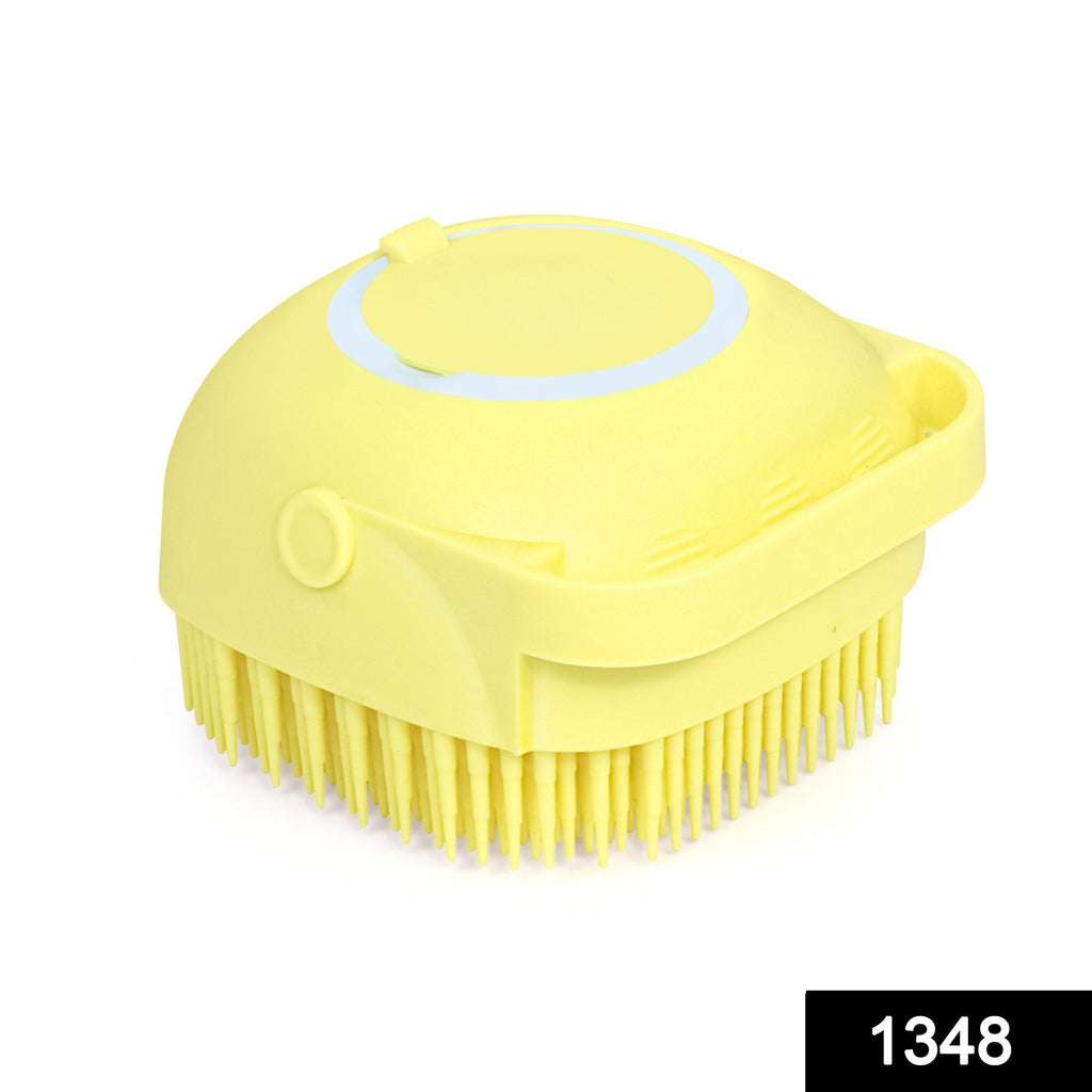 Ergonomic silicone bath brush featuring soft bristles and a shower gel dispenser.