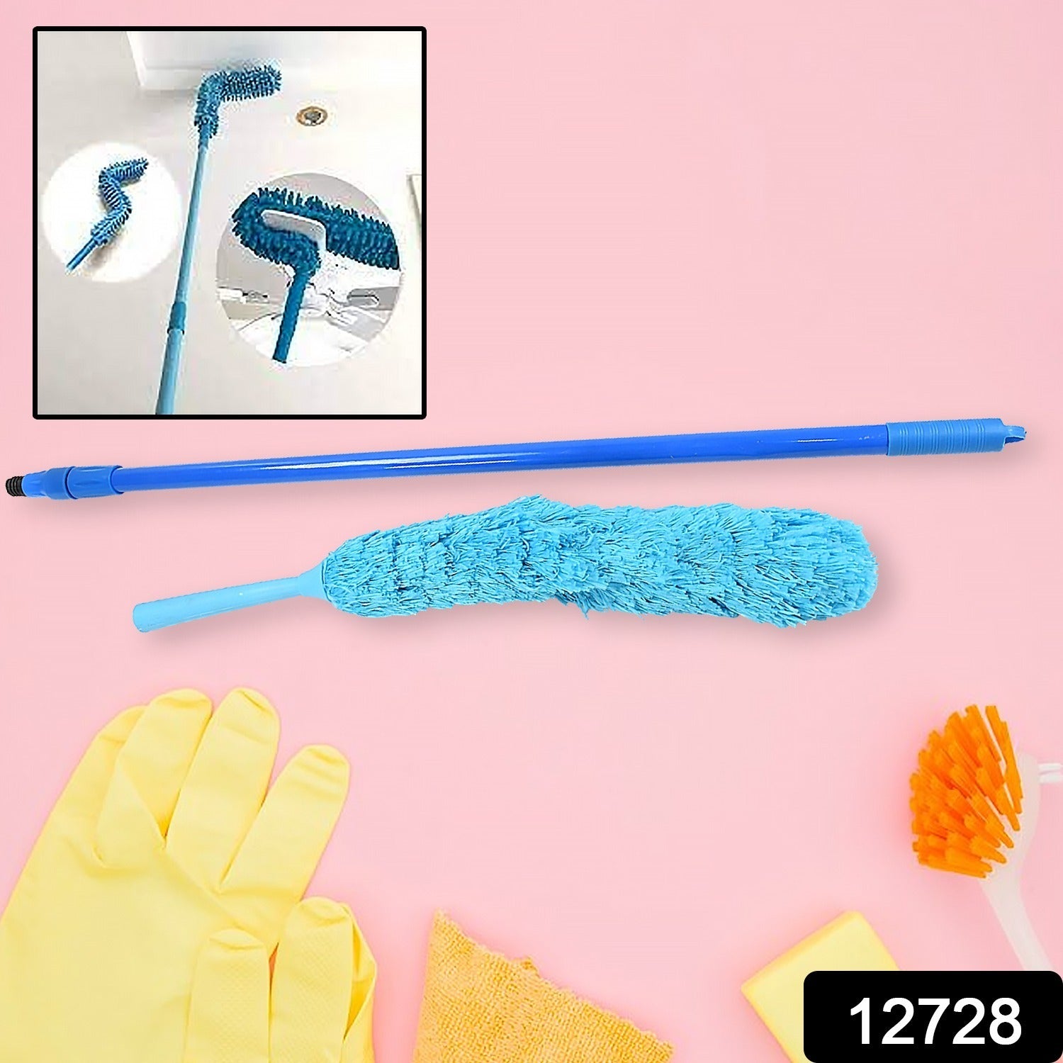 Extended adjustable dust brush reaching high appliances with ease.