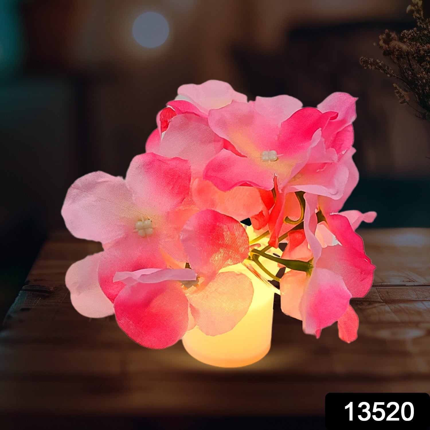 Close-up of the LED flower vase lamp, showcasing its soft, warm glow and intricate floral details.