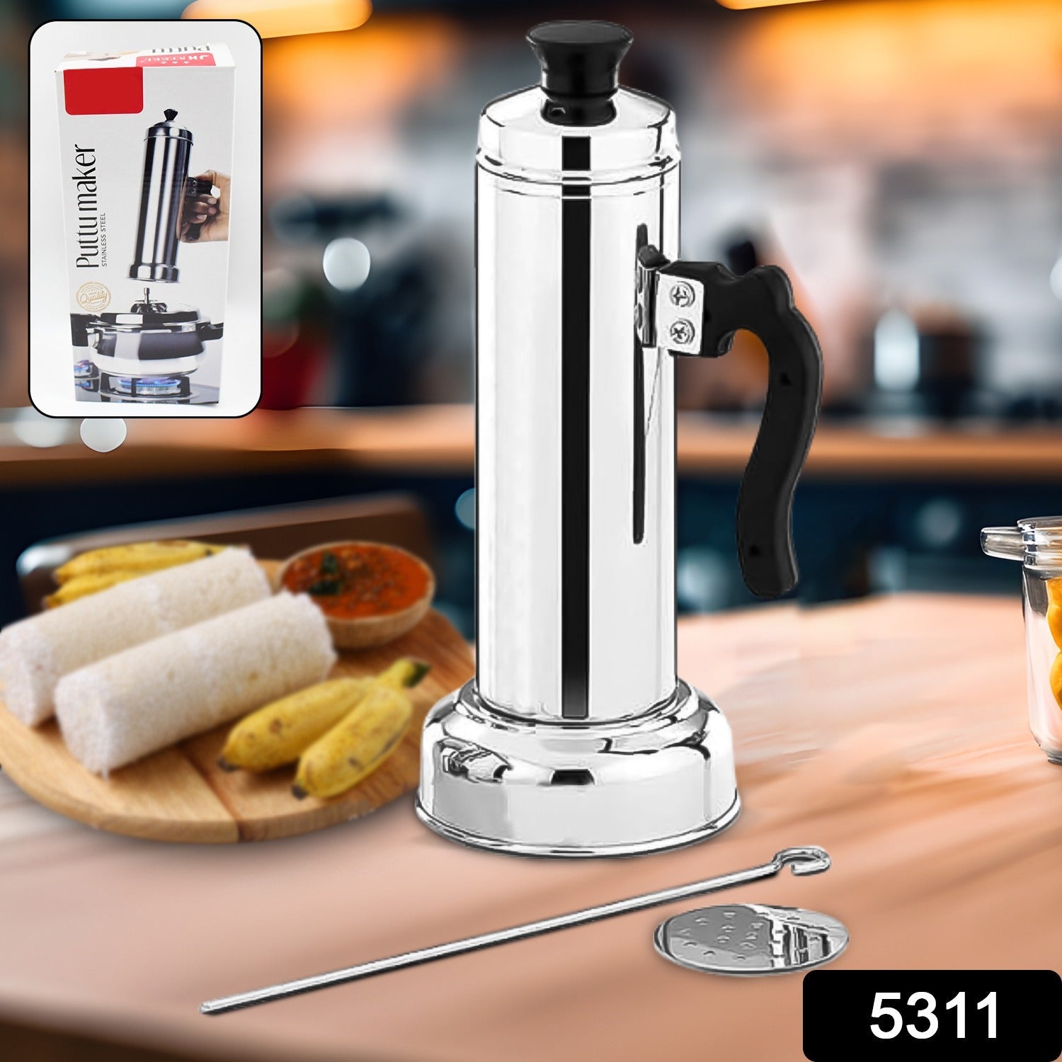 Detailed view of the Puttu Maker showing the metal stick and black handle.