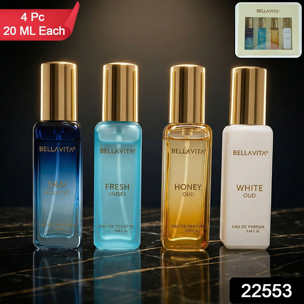 Set of four premium unisex perfumes with diverse scents like aquatic and oud