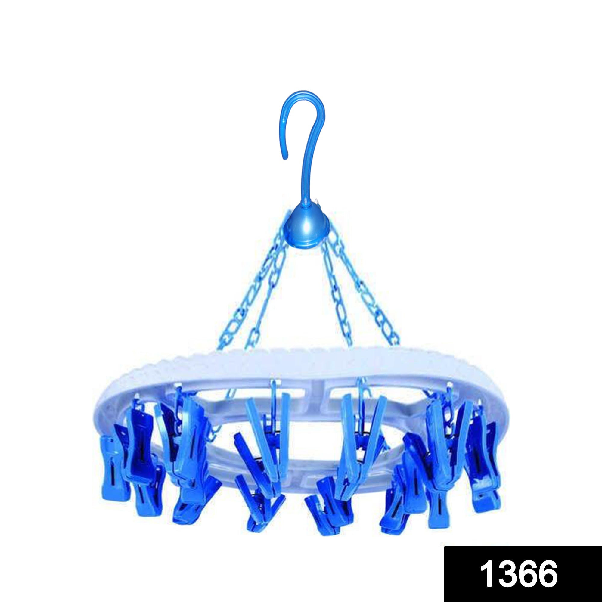 Top-down view of the multicolour 18-clip round plastic cloth drying hanger.