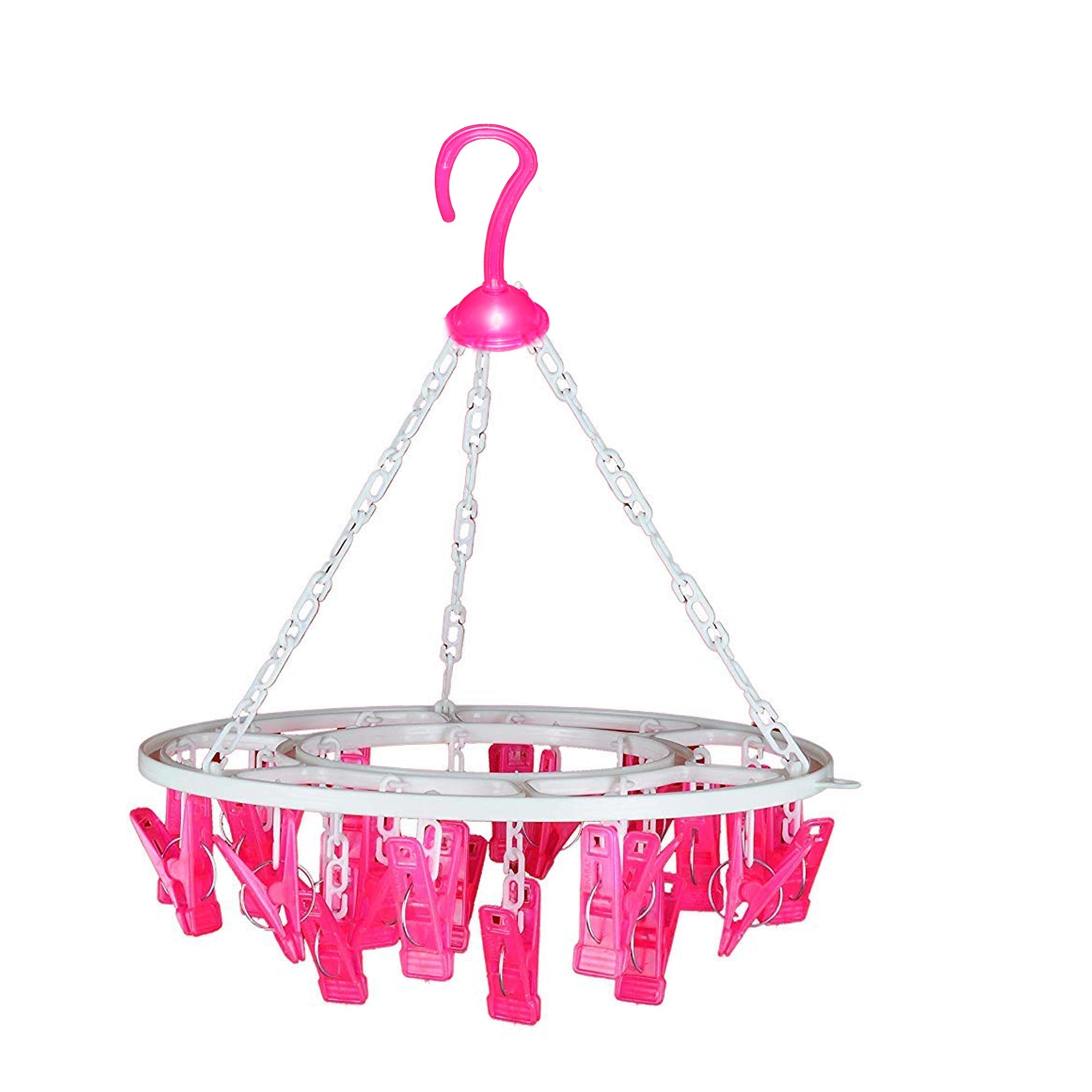 Multicolour round drying stand with 24 clips for efficient garment drying.