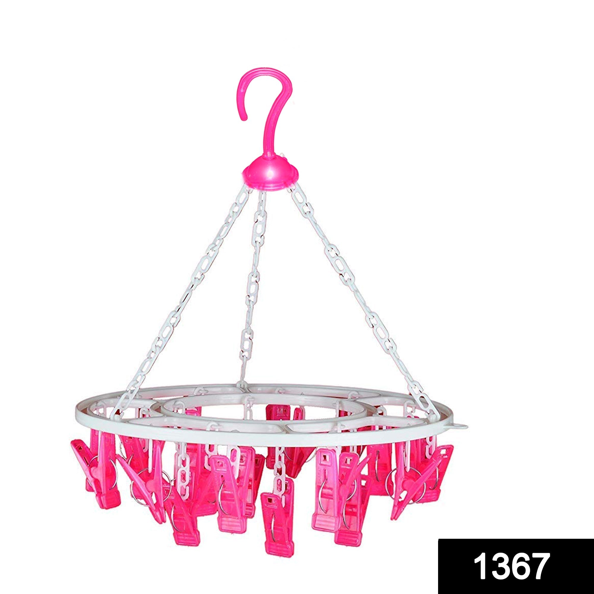 Plastic round hanger with 24 clips for cloth drying in vibrant multicolour.