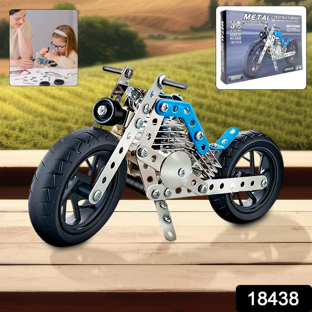 Child focused on assembling the metal bike construction kit, using the provided tools.