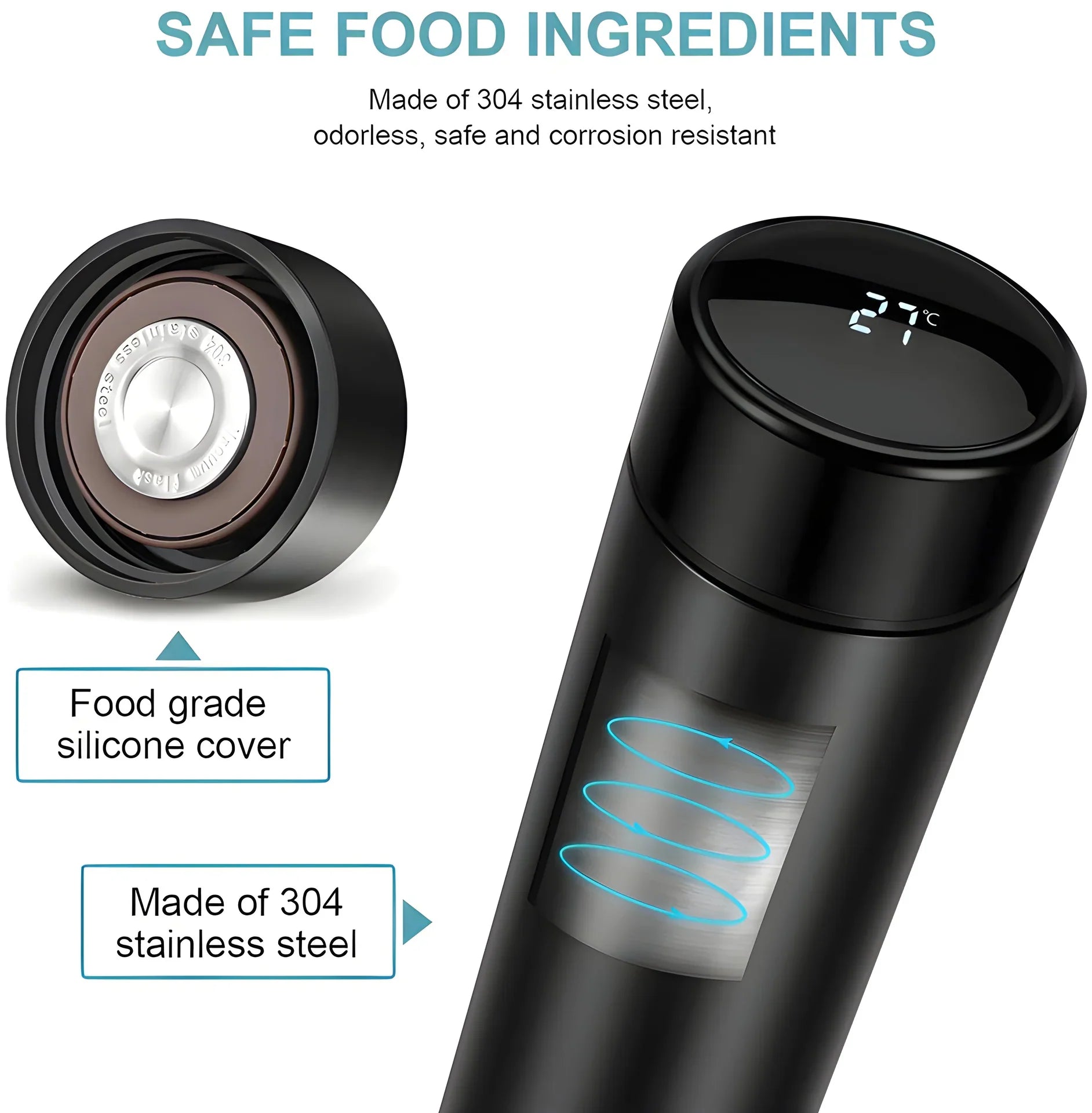 Technical specifications graphic of smart vacuum insulated water bottle