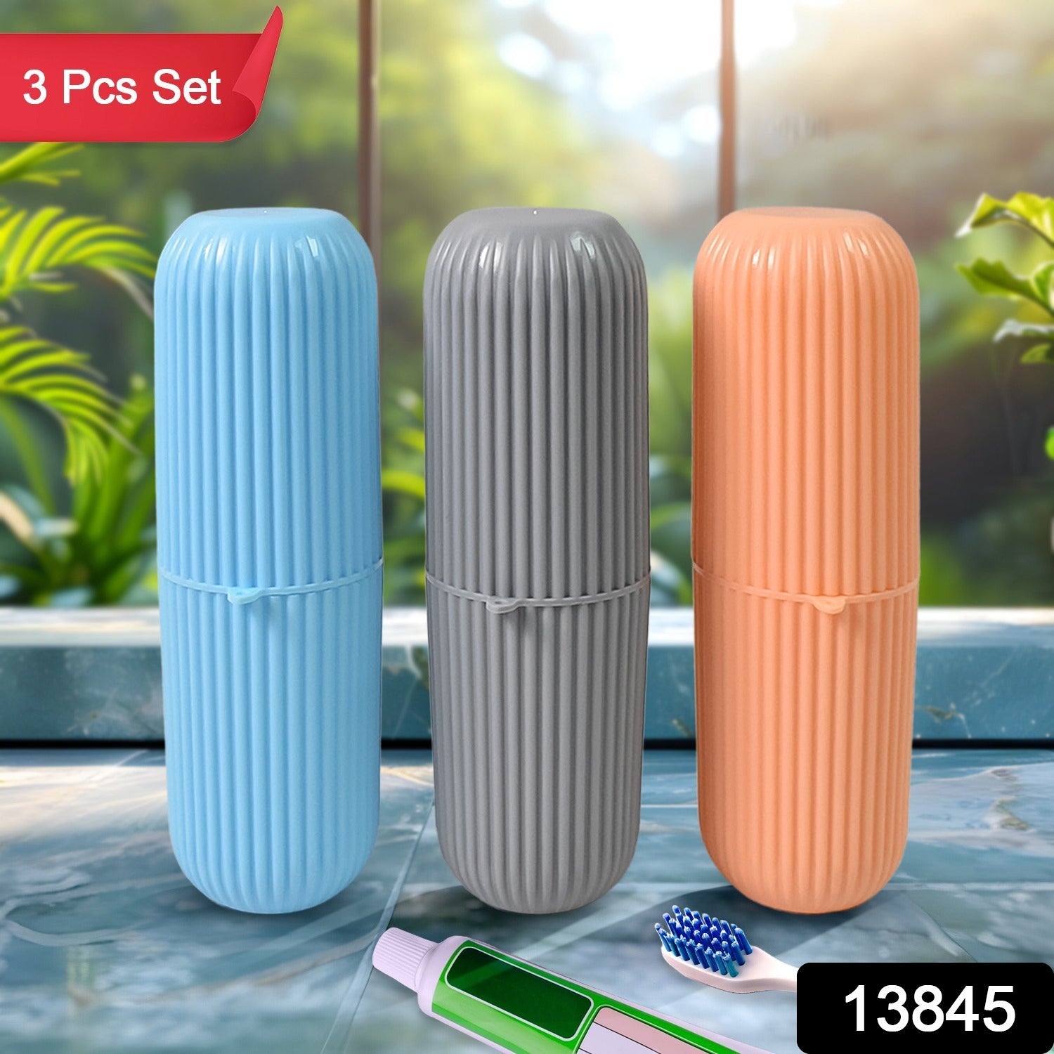 Three capsule travel toothbrush cases in vibrant blue, pink, and green colors.