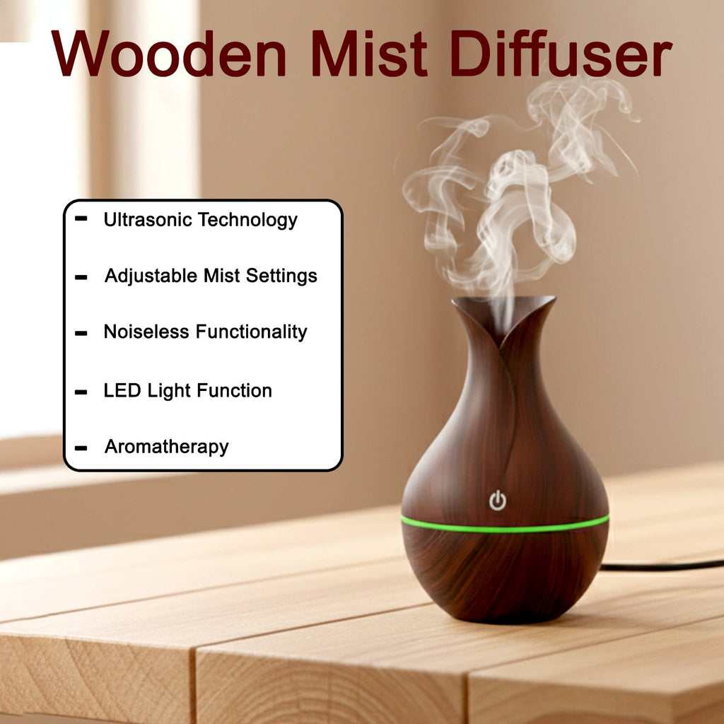 The small footprint of the Mini Wooden Humidifier shown with other items for scale.