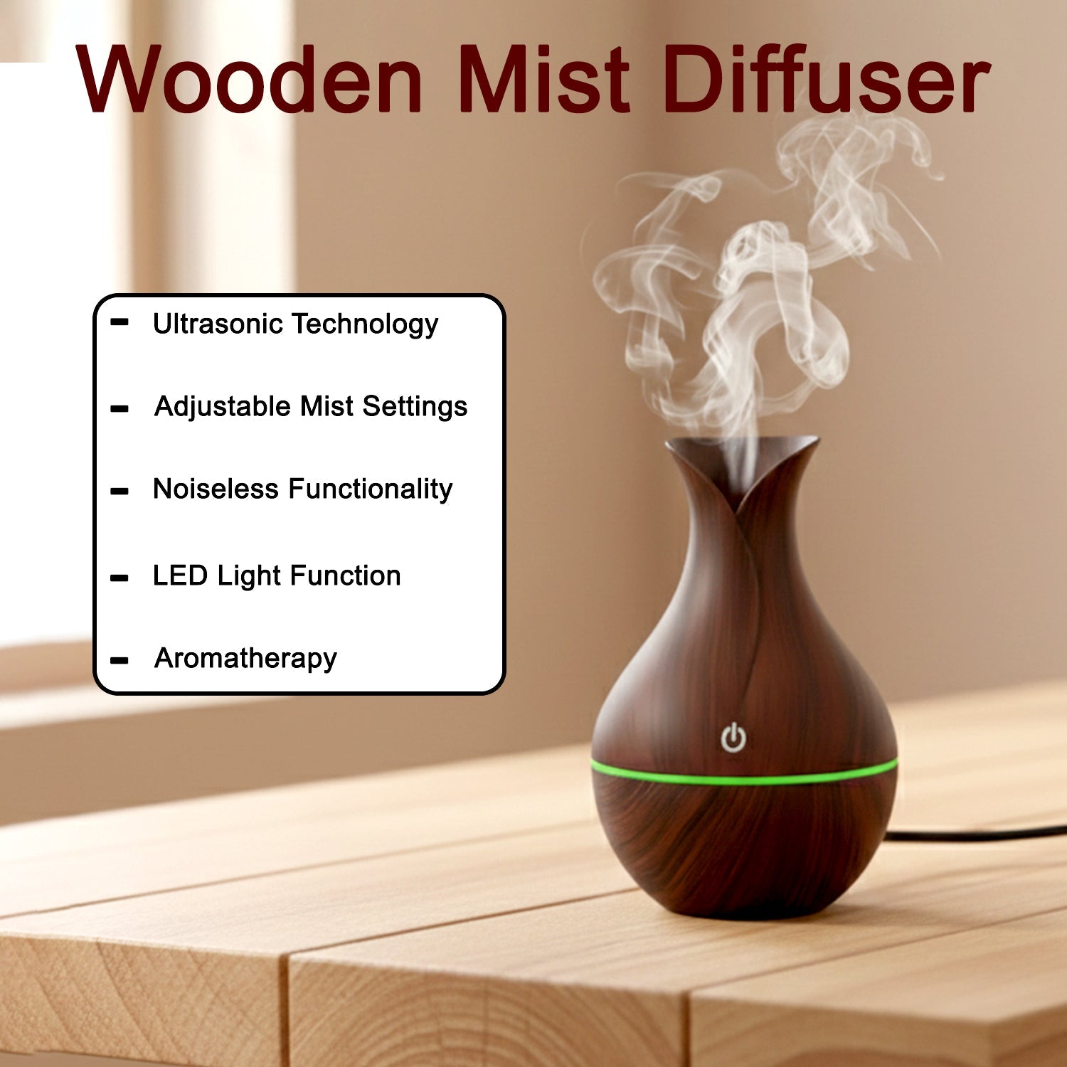 The small footprint of the Mini Wooden Humidifier shown with other items for scale.
