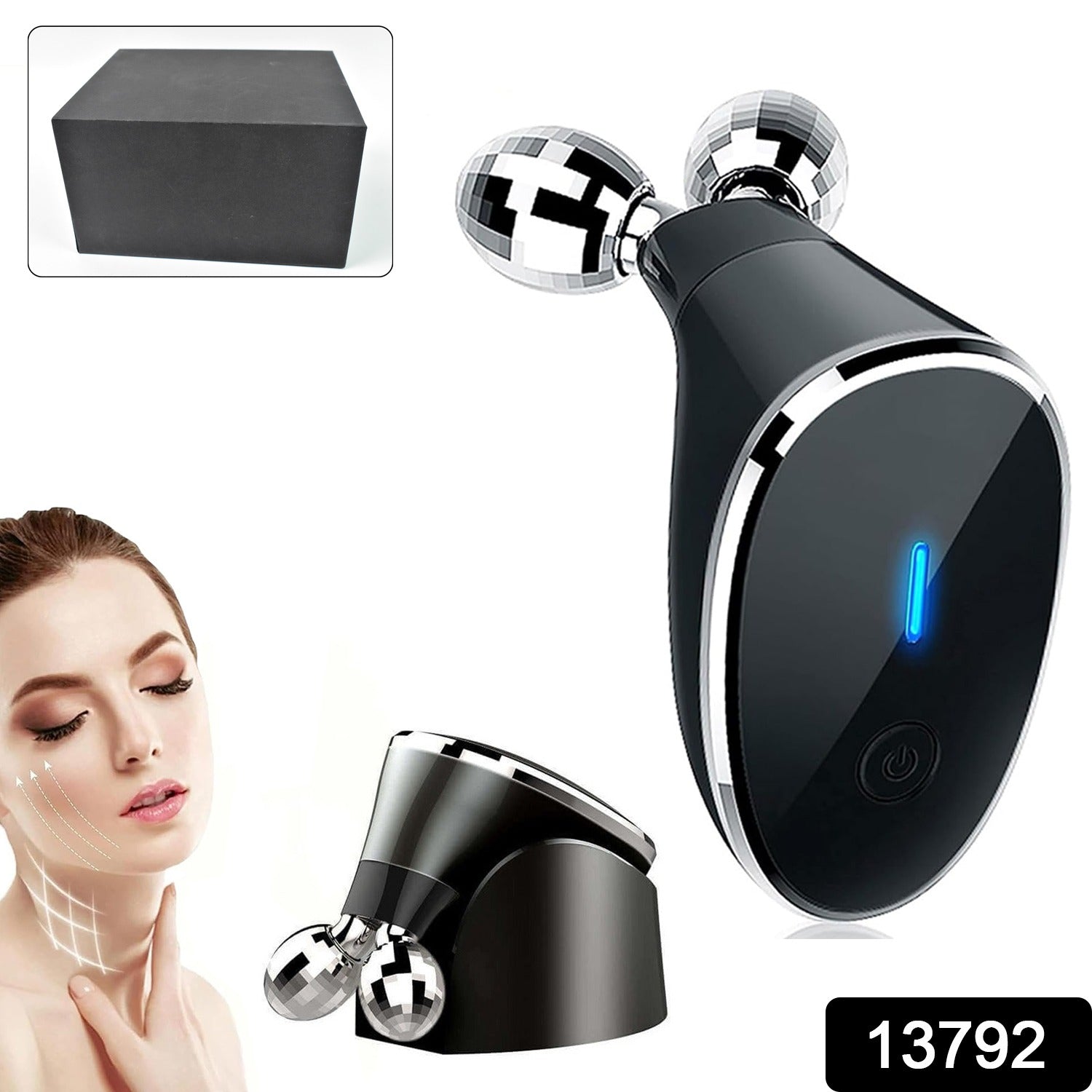 Woman using the Microcurrent Face Massager for skin tightening on her cheek.